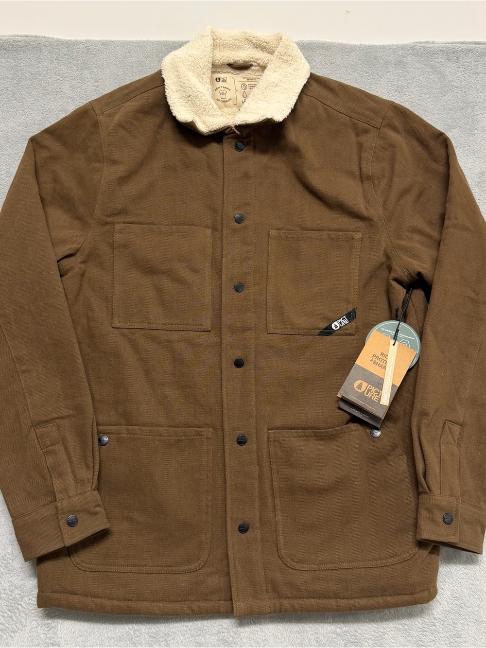 NEW Picture Organic Snap Jacket Mens XL Brown Sherpa Lined Chore Workwear Coat